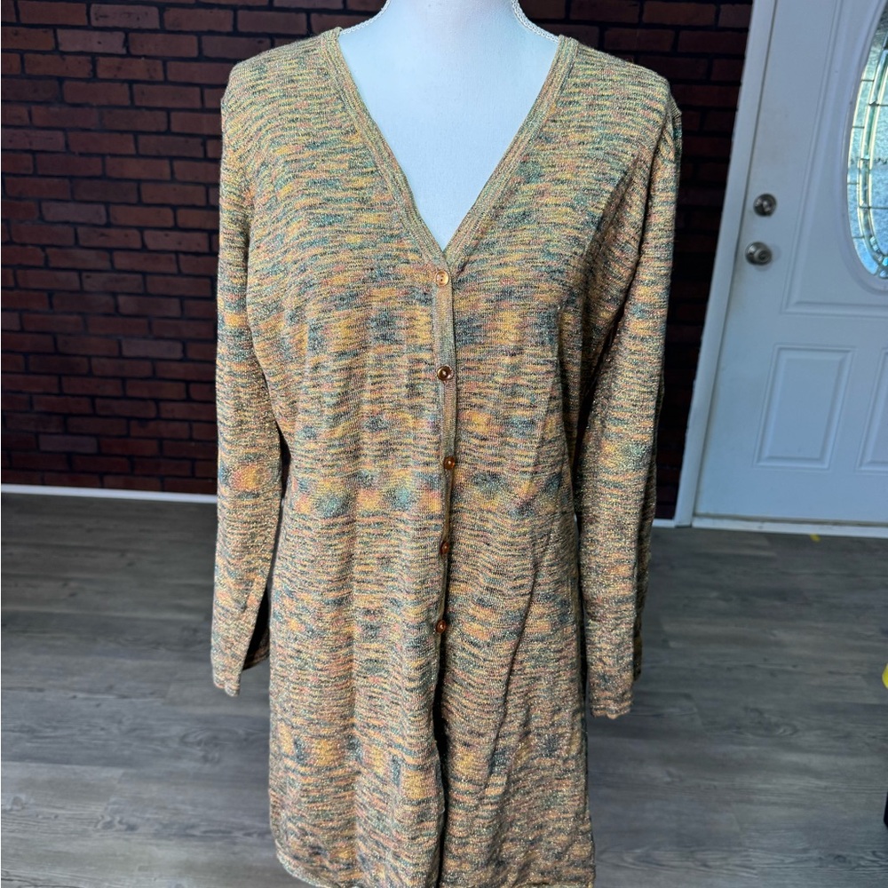 Bice Sparkly Marled Cardigan Duster Large Metallic Boho Lightweight Knit‎